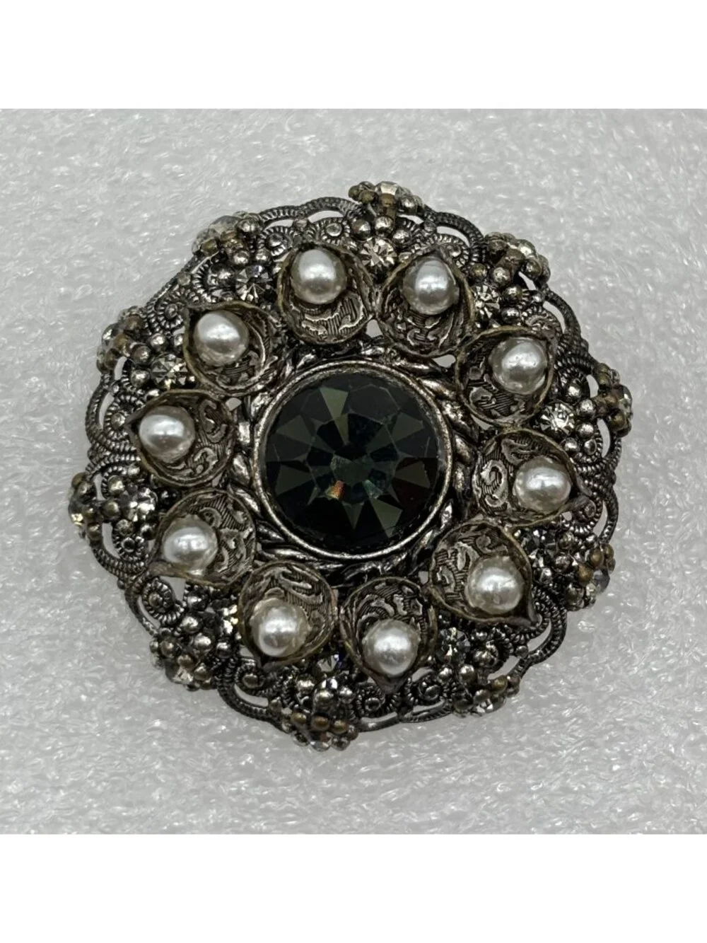 Vintage West Germany High Dome Brooch W/Crystal Faux Pearls Filigree Silver-Tone